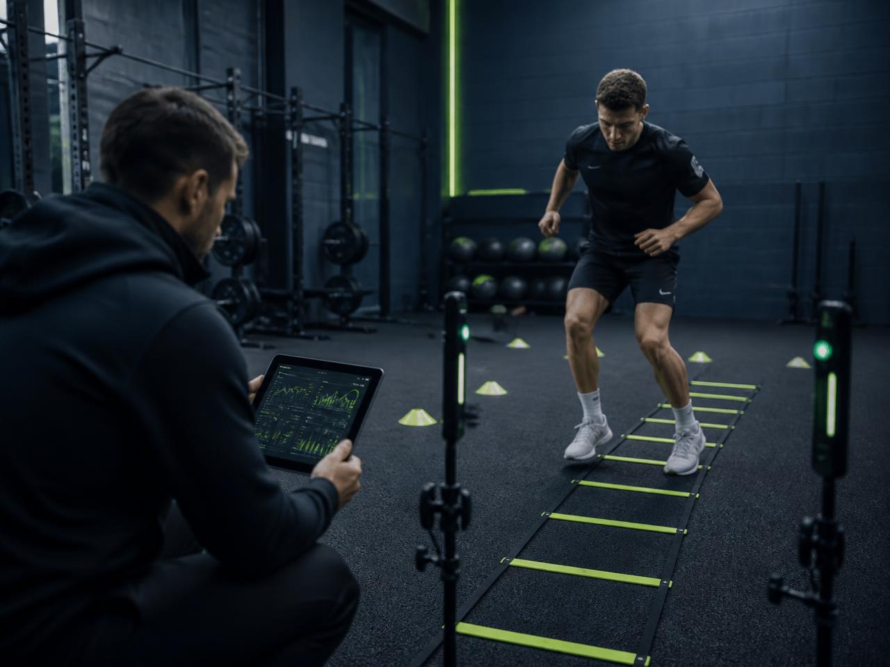 Antrenör tablet üzerinden sporcunun çeviklik testini analiz ediyor