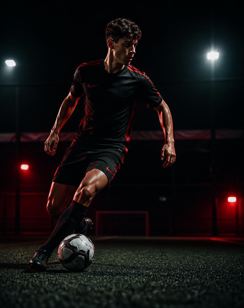 Kırmızı ışıklandırılmış sahada top süren genç futbolcu